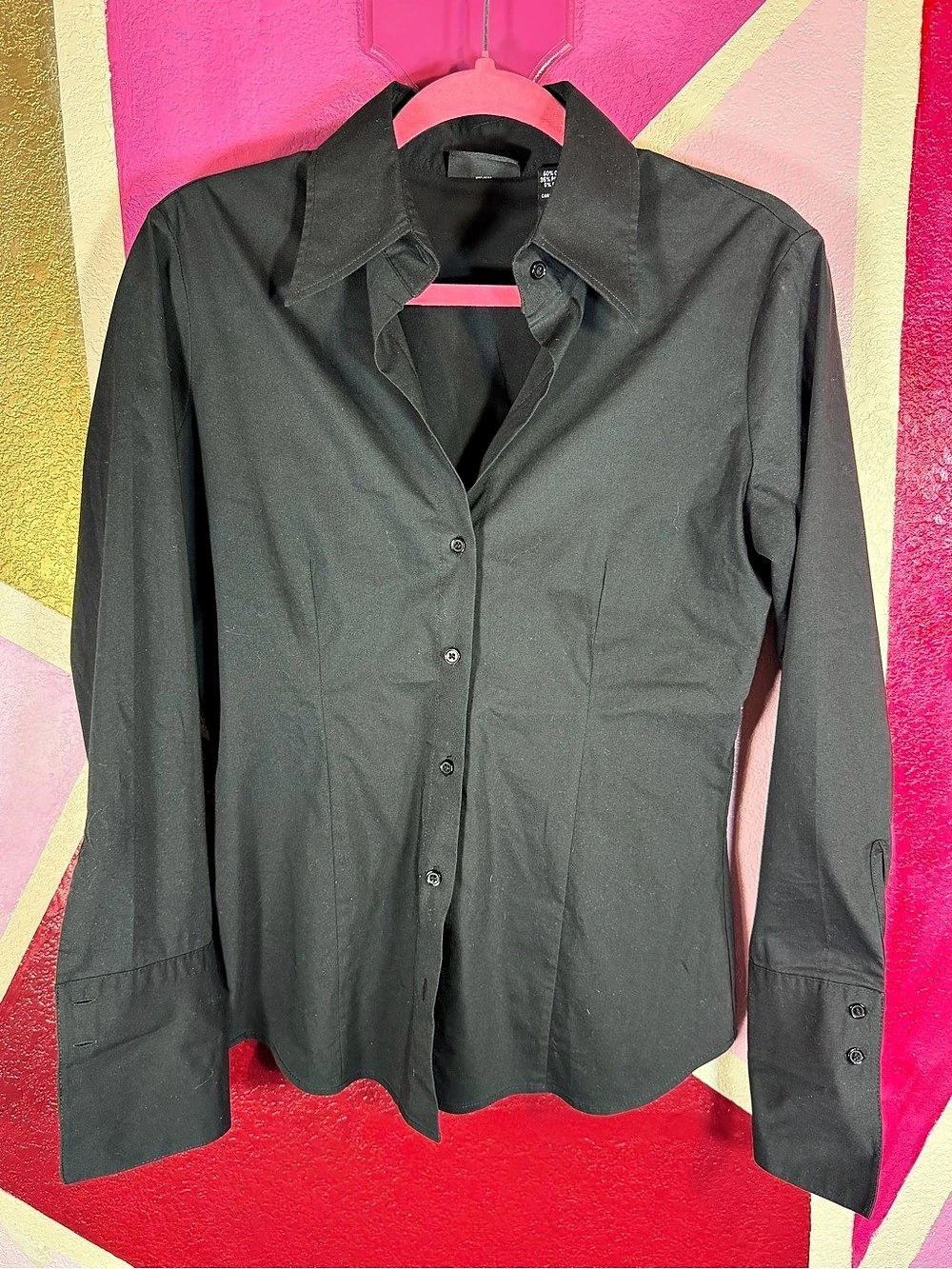 NY & Co. Black Fitted Button Up Shirt Small Wide Cuff Collared Tailored Blouse C